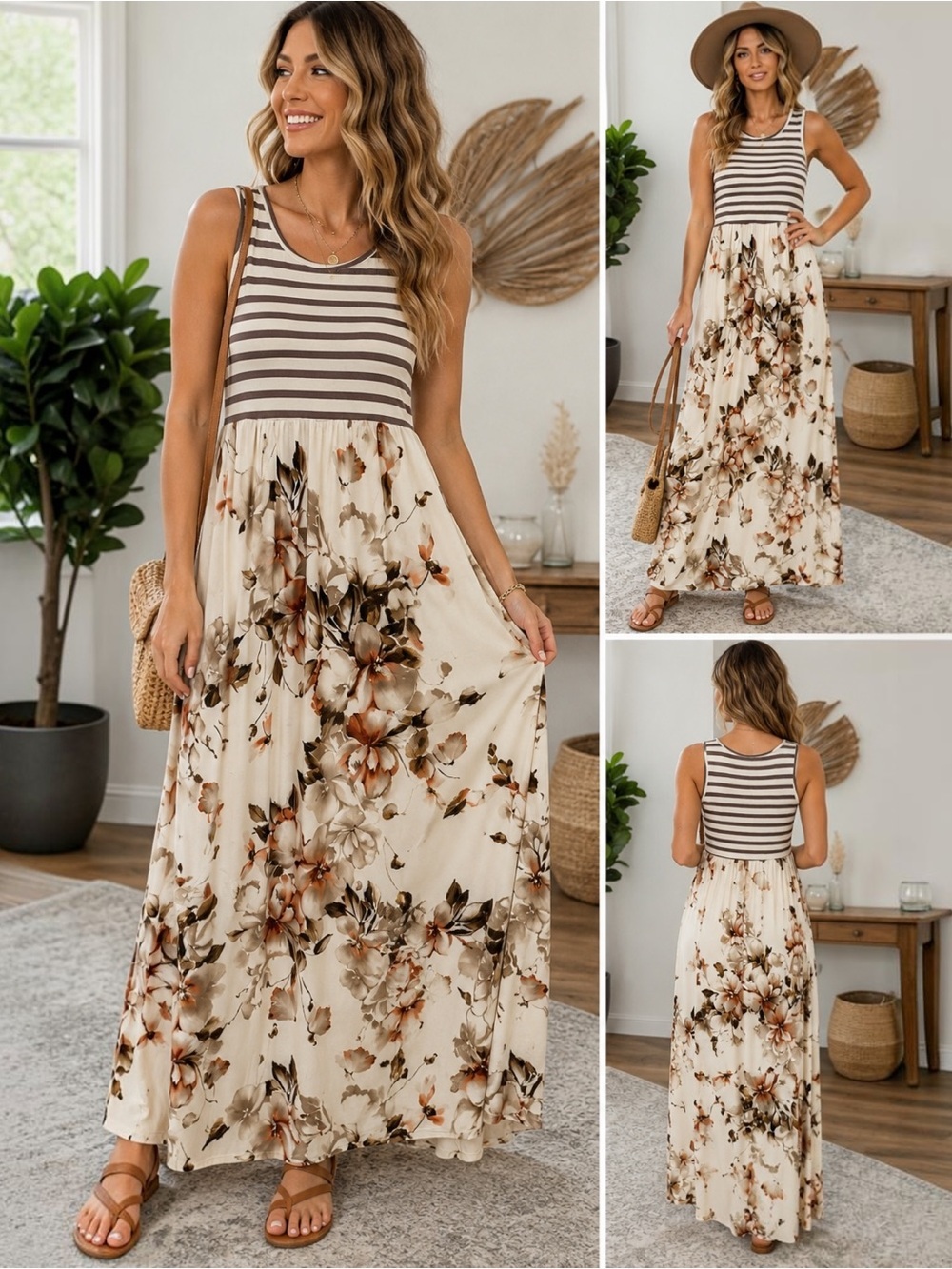 NWT Magnolia Boutique Striped Floral Sleeveless Maxi Dress Small Boho